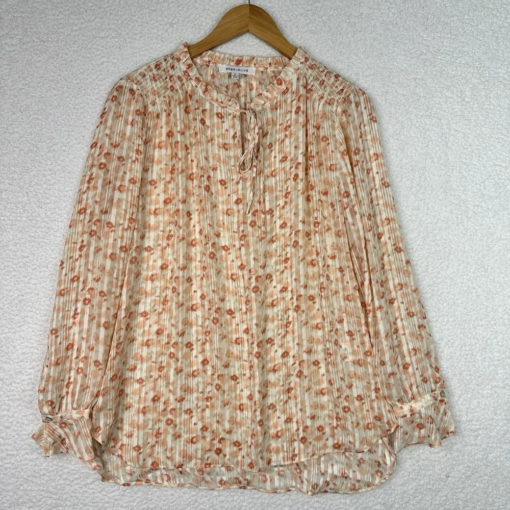 Rose +‎ Olive Floral Pleated Blouse XL Boho Peasant Long Sleeve Tie Neck Top
